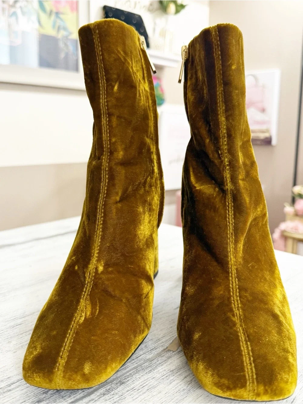 Sam Edelman Velvet Ankle Boots in Mustard Gold